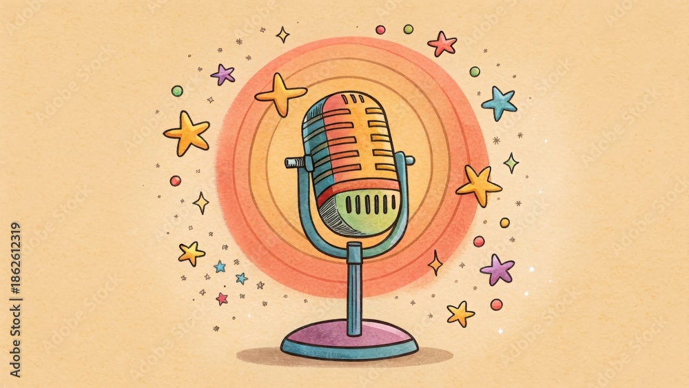 Fototapeta premium Colorful microphone with stars and circular aura illustration