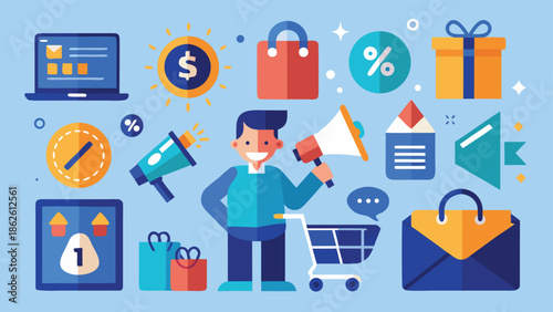 Blue icons depicting various items and people arranged in a visually appealing layout..eps