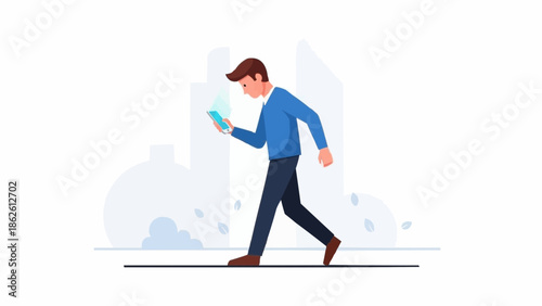 Man walking and looking at his smartphone screen.