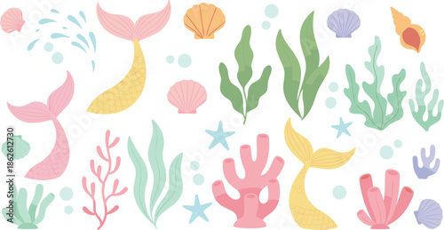 Pastel underwater sea elements vector illustration set with corals seaweed shells starfish and mermaid tails
