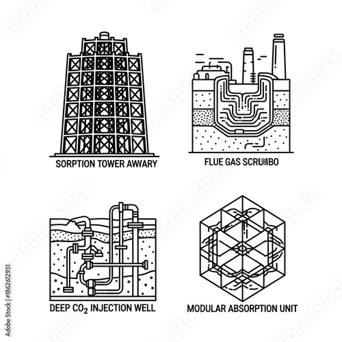 Illustrations of environmental technologies: carbon capture, flue gas scrubbing, and CO2 injection, crucial for global sustainability.
