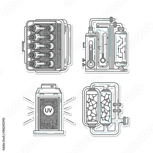 Detailed line art icons showcase various water purification technologies, featuring filtration, UV sterilization, and industrial processing.