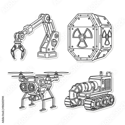 Detailed line art illustration showcasing advanced industrial technology, featuring a robotic arm, a radiation container, a drone, and a tracked vehicle.