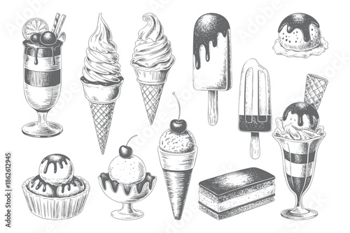 Vintage ice cream and dessert collection illustrated in classic engraving style. Set of vintage hand drawn ice cream desserts featuring cones, popsicles.