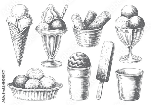 Vintage ice cream and dessert collection illustrated in classic engraving style. Set of vintage hand drawn ice cream desserts featuring cones, popsicles.