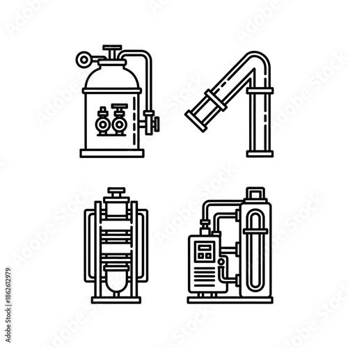Illustrative line art icons depicting diverse industrial processing equipment, chemical engineering apparatus, and scientific fluid management systems for manufacturing.