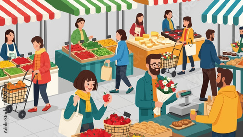 People shopping at a vibrant outdoor farmers market on a sunny day.