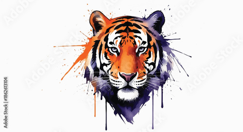Vibrant watercolor portrait of a tiger face with colorful artistic splashes