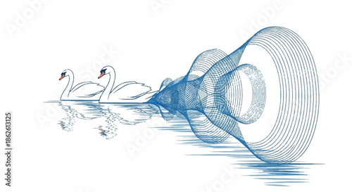 Elegant white swan on calm water with abstract blue geometric line art and reflection.