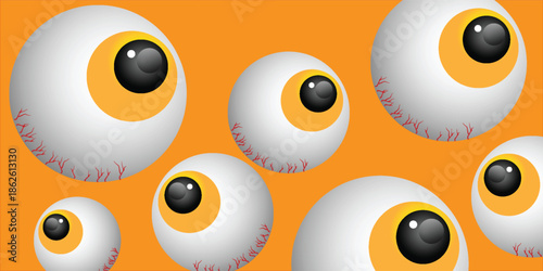 Multiple cartoon eyeballs with orange irises and black pupils on an orange background.