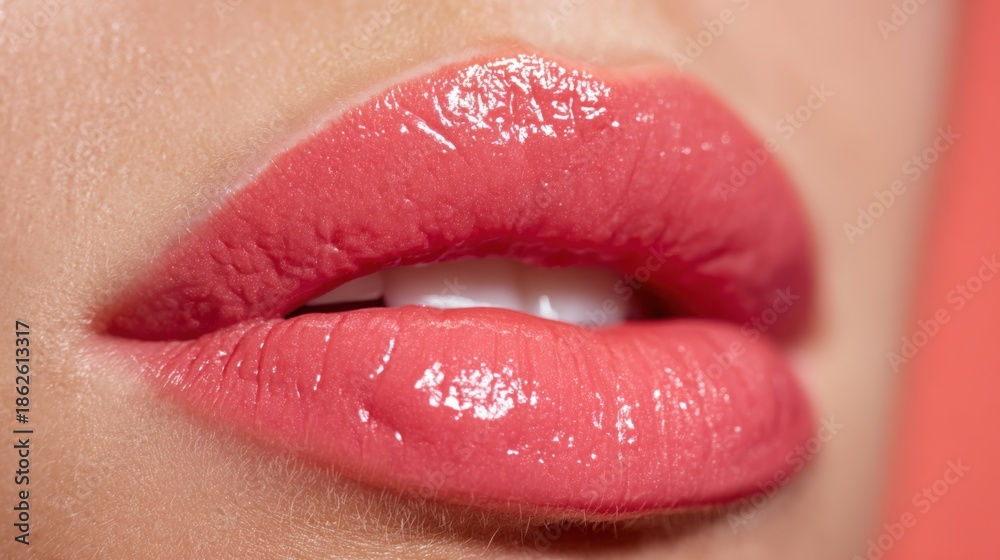 Fototapeta premium Close up of luscious glossy pink lips