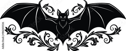 Ornamental bat silhouette vector illustration with intricate symmetrical floral scrolls and wings spread for gothic halloween design.