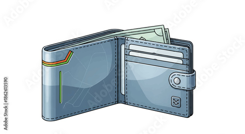 Open blue leather wallet with paper money banknotes and credit cards inside isolated on white background