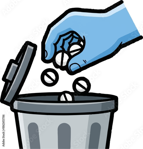 A gloved hand disposes of white round pills into a small gray trash can with an open lid