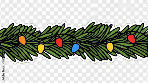 A hand-drawn style holiday garland with green pine branches and colorful string lights on a transparent background