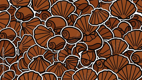 A playful, seamless pattern of stylized brown seashells and spiral snail shells with distinct white outlines