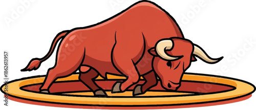 A robust, stylized red bull with horns stands fiercely in a yellow-orange ring, ready to charge