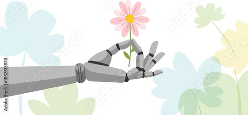 A robotic arm gently holds a pink daisy flower amidst a serene background of soft, colorful blossoms