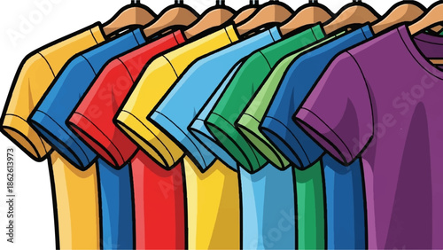 A row of various brightly colored t-shirts hanging neatly on wooden hangers, forming a vibrant gradient