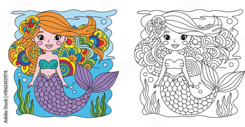 Cute mermaid coloring book page with colored example and outline. Vector illustration of underwater fairy tale character with zentangle hair for kids and adults relaxation and hobby.