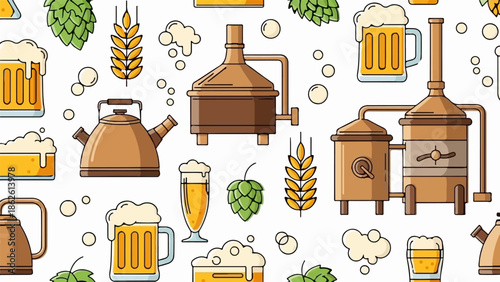 A seamless pattern illustrating brewing process elements, including hops, wheat, kettles, and mugs of beer