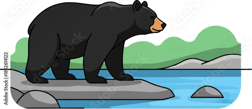 A simplified illustration of a black bear standing on a rock by a tranquil river, with green hills in background