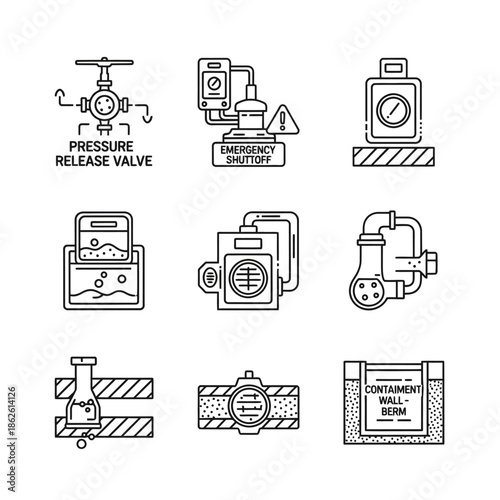 A modern collection of line art icons illustrating essential industrial safety equipment, process control systems, and containment structures crucial for engineering.