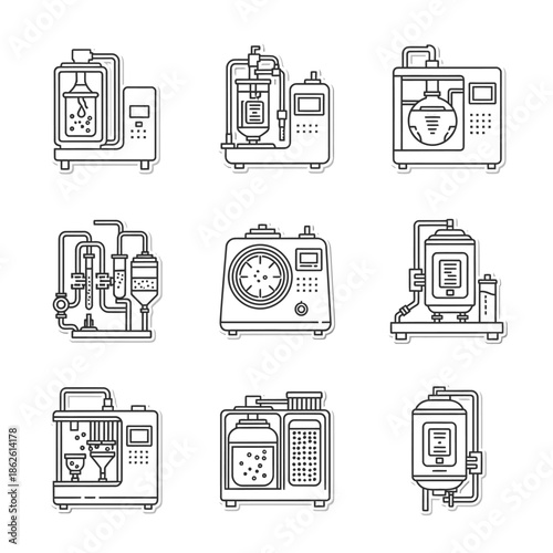 A comprehensive collection of modern line art icons depicting various scientific and industrial laboratory equipment, perfect for illustrating chemical processes and research.