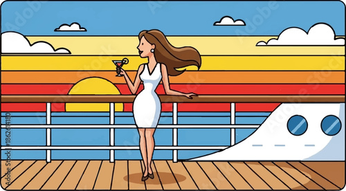 A smiling woman in a white dress sips a cocktail on a cruise ship deck at sunset, colorful sky