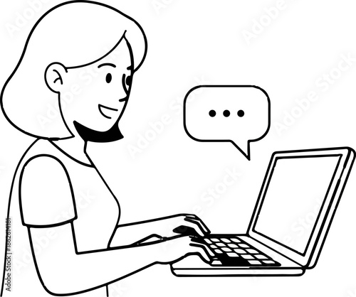A smiling woman with bob hair is typing on a laptop, with a chat bubble floating above