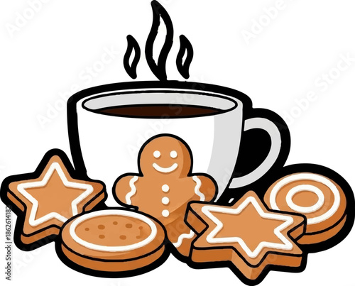 A steaming white mug of hot coffee or chocolate with various festive gingerbread cookies and biscuits