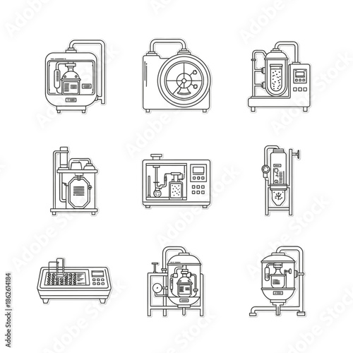 Line art icons illustrate industrial and scientific processing equipment, ideal for modern manufacturing, biotechnology, and chemical engineering projects.