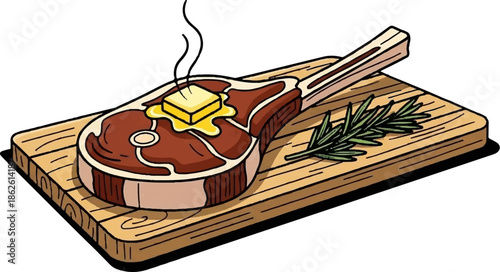 A steaming, perfectly cooked steak with melting butter and a sprig of rosemary on a wooden cutting board