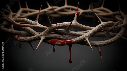 Crown of thorns with blood drops on dark background