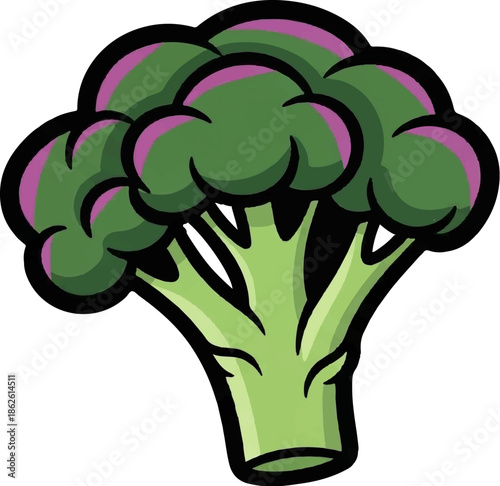 A vibrant cartoon illustration of a fresh green broccoli head with a thick stalk and florets