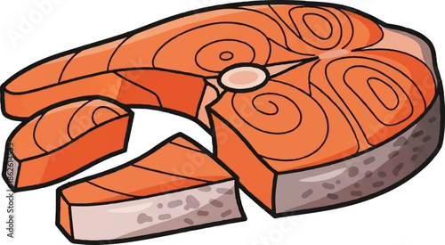 A vibrant cartoon illustration of a fresh salmon steak, with two smaller pieces cut from it, ready for cooking