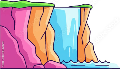 A vibrant cartoon illustration of a majestic waterfall cascading down colorful cliffs into a serene body of water