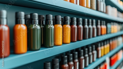 Rows of colorful bottles with black caps are neatly arranged on blue shelves, displaying a variety of liquids in different shades.