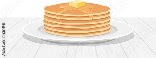A vibrant illustration features a tall stack of golden pancakes with melting butter and syrup on a white plate