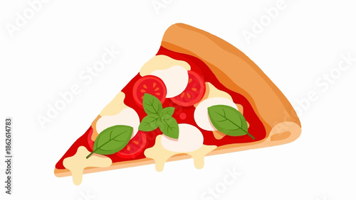 A vibrant illustration of a delicious Margherita pizza slice with melted cheese, fresh tomatoes, and green basil leaves