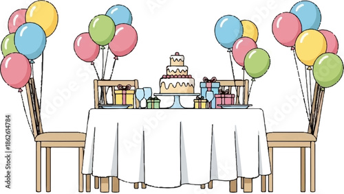 A vibrant illustration of a festive party table set with a tiered cake, colorful gifts, and balloons