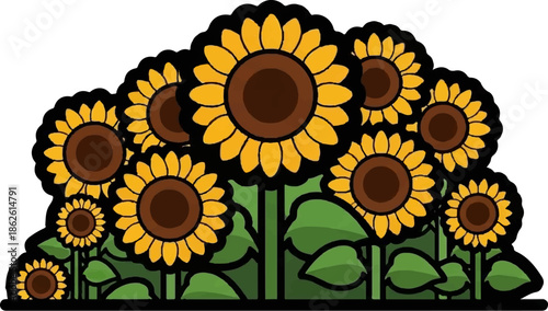 A vibrant illustration of a field of various sized sunflowers with bright yellow petals and green leaves