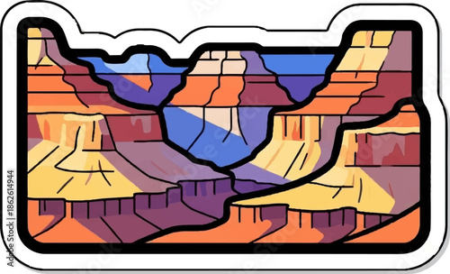A vibrant, stylized illustration depicting the layered rock formations of a grand canyon, with distinct color bands