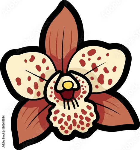 A vibrant, stylized illustration of an orchid flower with reddish-brown petals and spotted cream-colored lips
