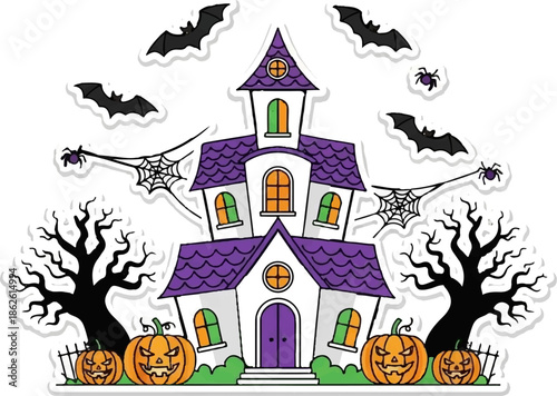 A whimsical cartoon haunted house with purple roofs, jack-o'-lanterns, bare trees, bats, and spiders