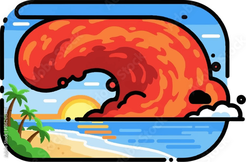 Abstract illustration of a huge red and orange wave crashing on a sandy beach with palm trees at sunset