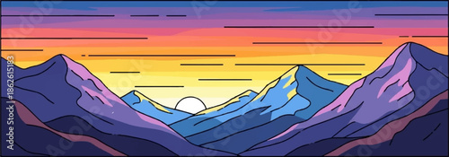 Abstract pixel art landscape with purple and blue mountains under a fiery orange to purple gradient sky at dawn