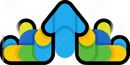 Abstract upward arrow icon, composed of layered blue, yellow, and green rounded shapes with thick black outlines