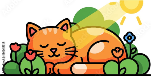 An adorable orange cat peacefully napping amidst green plants and colorful flowers under a warm sun