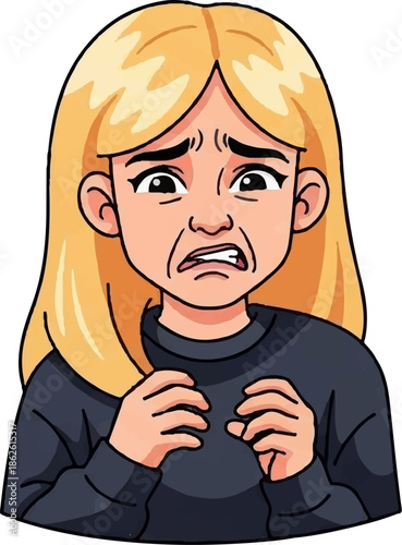 An animated blonde woman with a very distressed expression, frowning intensely with clenched hands
